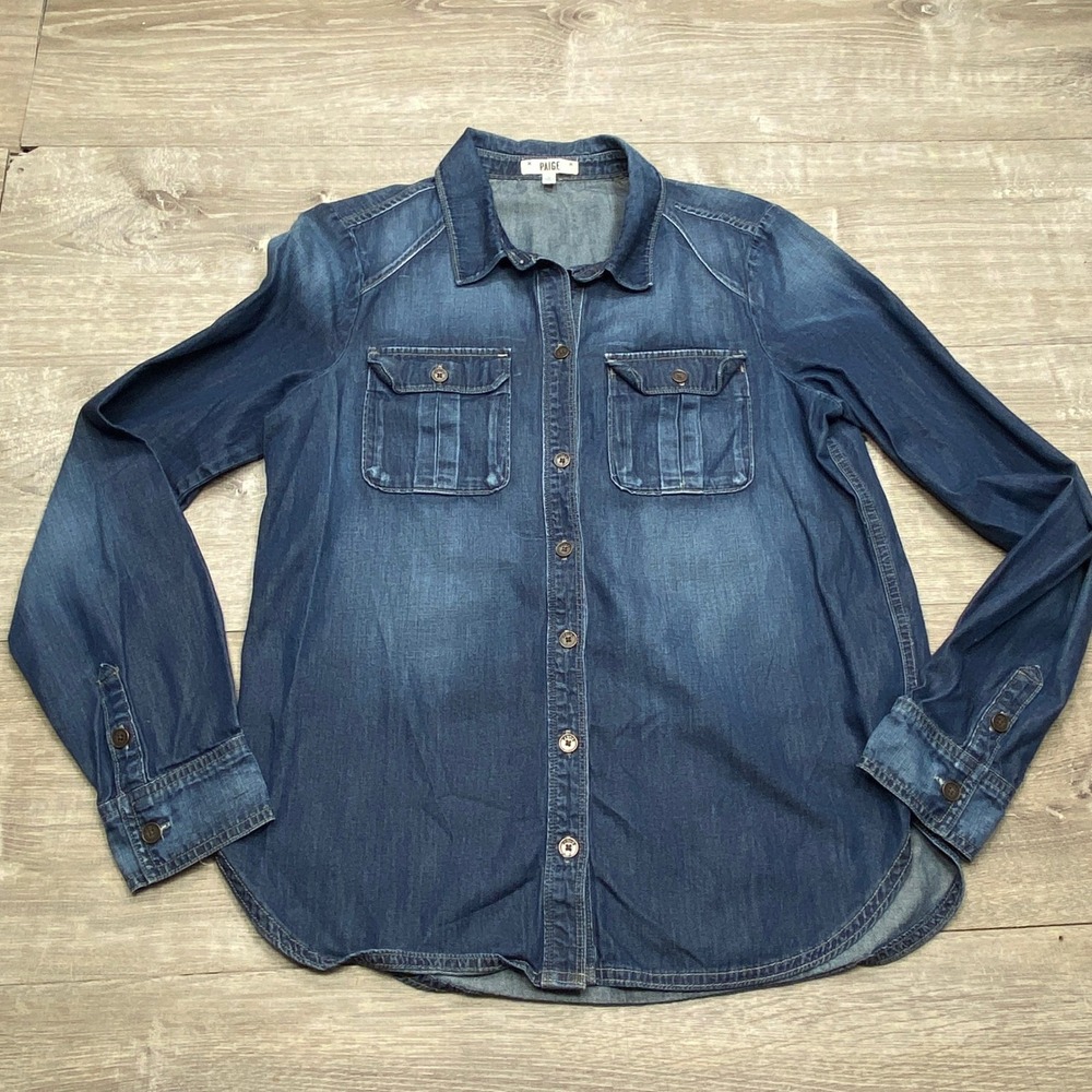 Paige Denim Button Down Shirt Womens Small Blue Long Sleeve Cotton Casual Pocket
